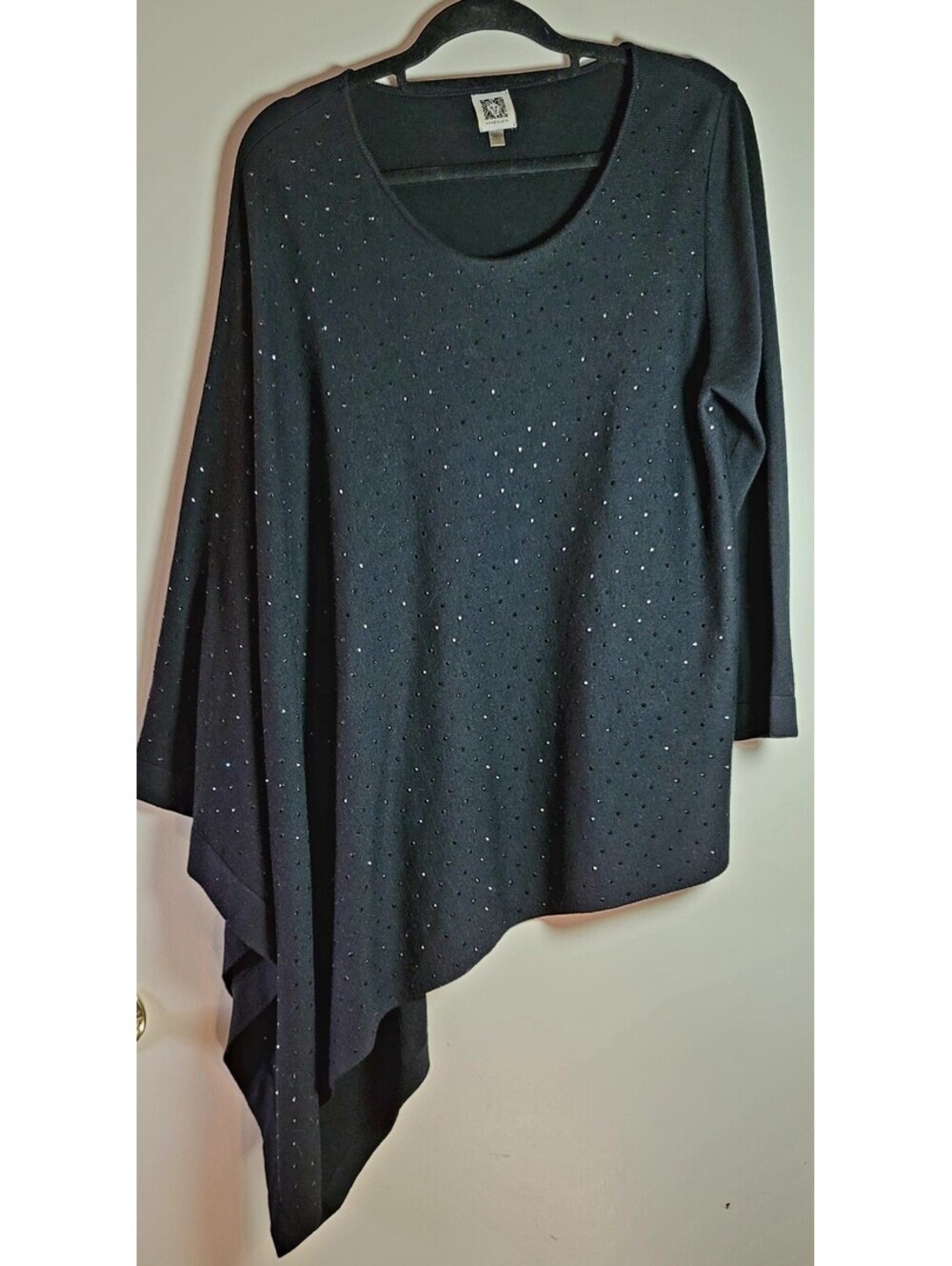 Anne Klein Asymmetric Hem Black Sweater with Rhinestone Accents XL